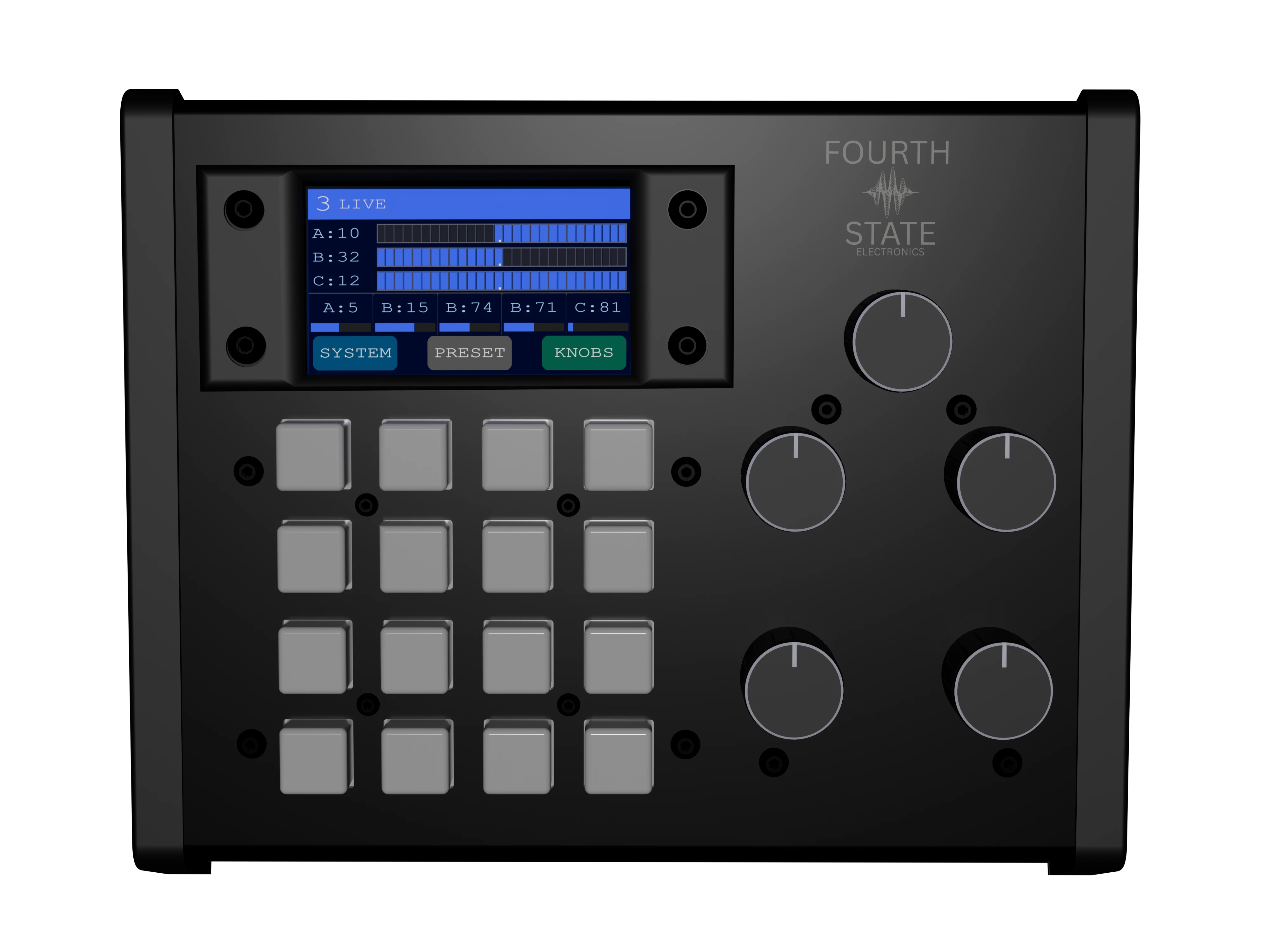 Fourth State Electronics Mk I MIDI controller — top view showing 16-pad grid, five knobs, and touchscreen